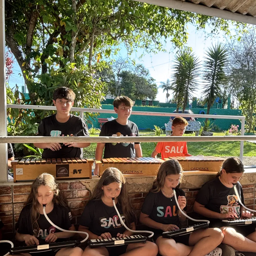 Alunos do Colégio Salgueiro em apresentação musical com escaletas e xilofones no lar de idosos